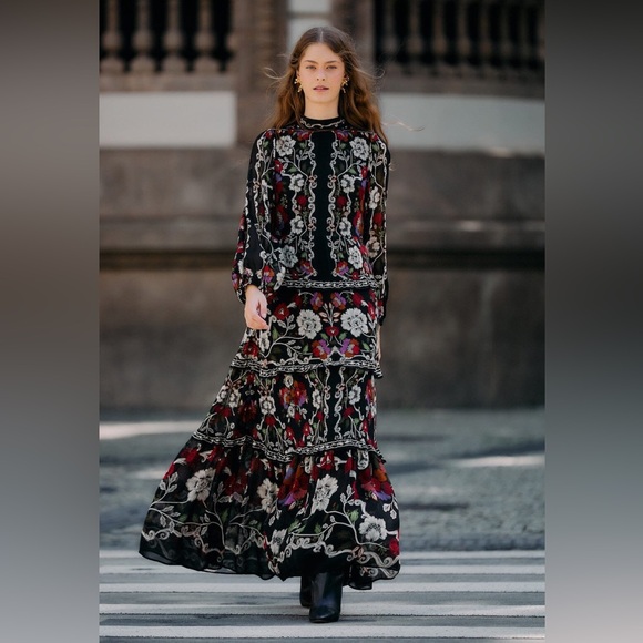 Farm Rio Black Rococo Ruffled Maxi Dress